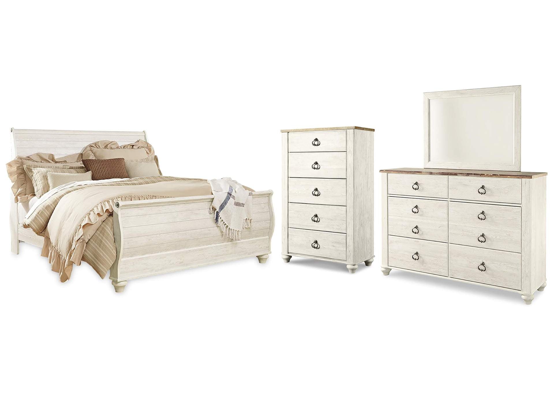 Willowton King Sleigh Bed with Mirrored Dresser and Chest