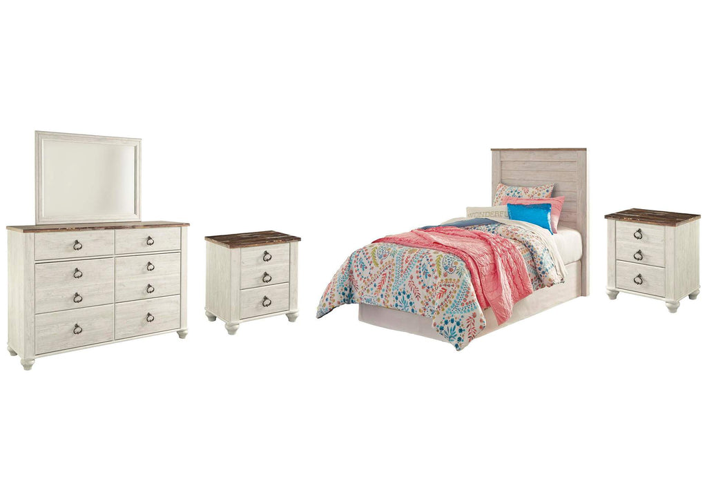 Willowton Twin Panel Headboard Bed with Mirrored Dresser and 2 Nightstands