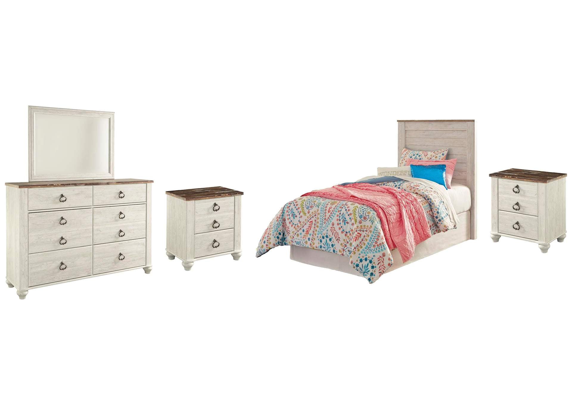 Willowton Twin Panel Headboard Bed with Mirrored Dresser and 2 Nightstands