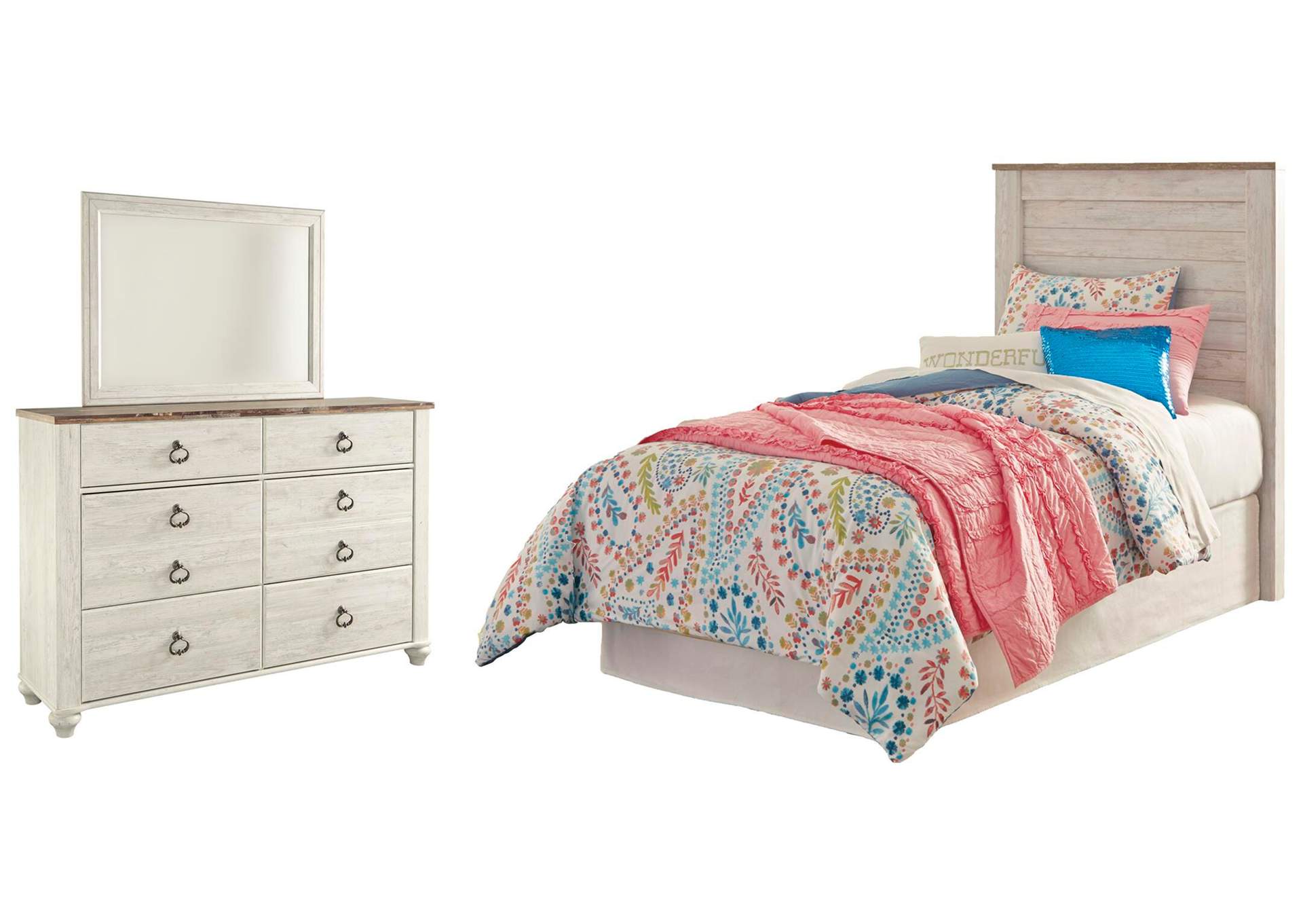 Willowton Twin Panel Headboard Bed with Mirrored Dresser