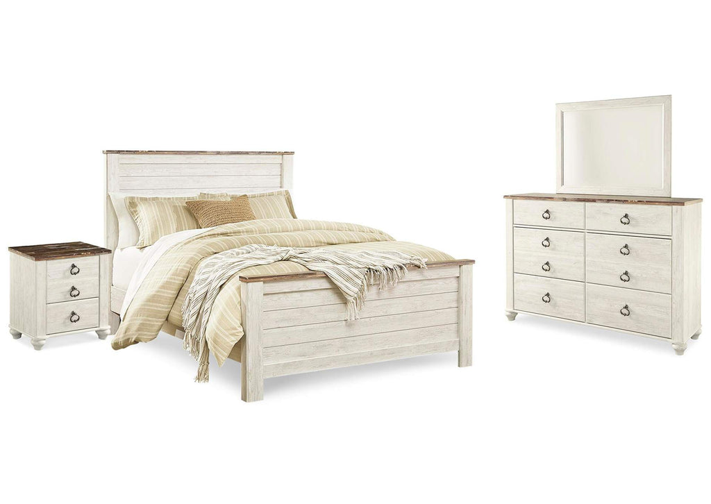Willowton Queen Panel Bed with Mirrored Dresser and Nightstand