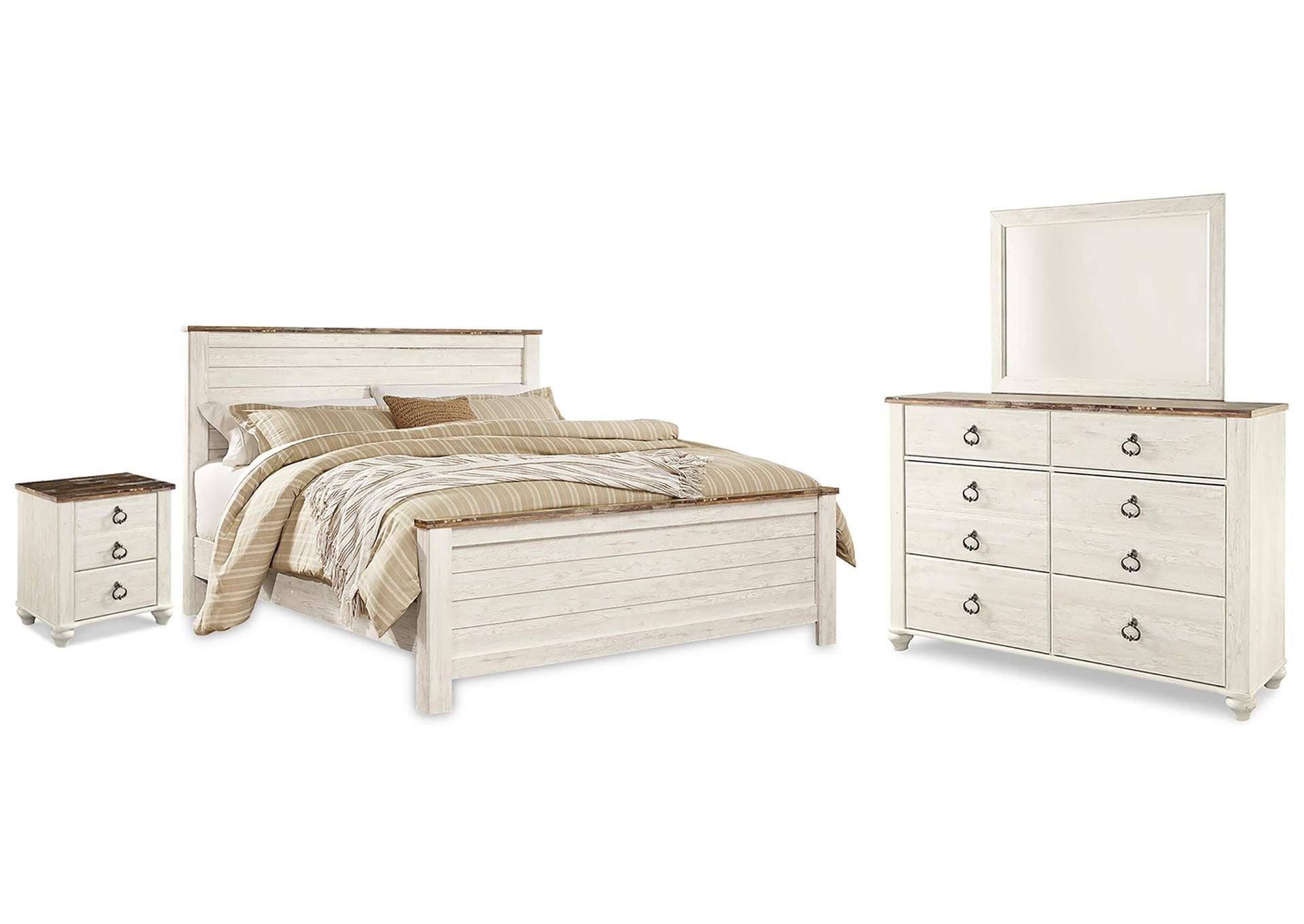 Willowton King Panel Bed with Mirrored Dresser and Nightstand
