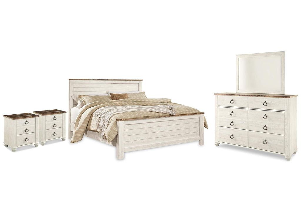 Willowton King Panel Bed with Mirrored Dresser and 2 Nightstands