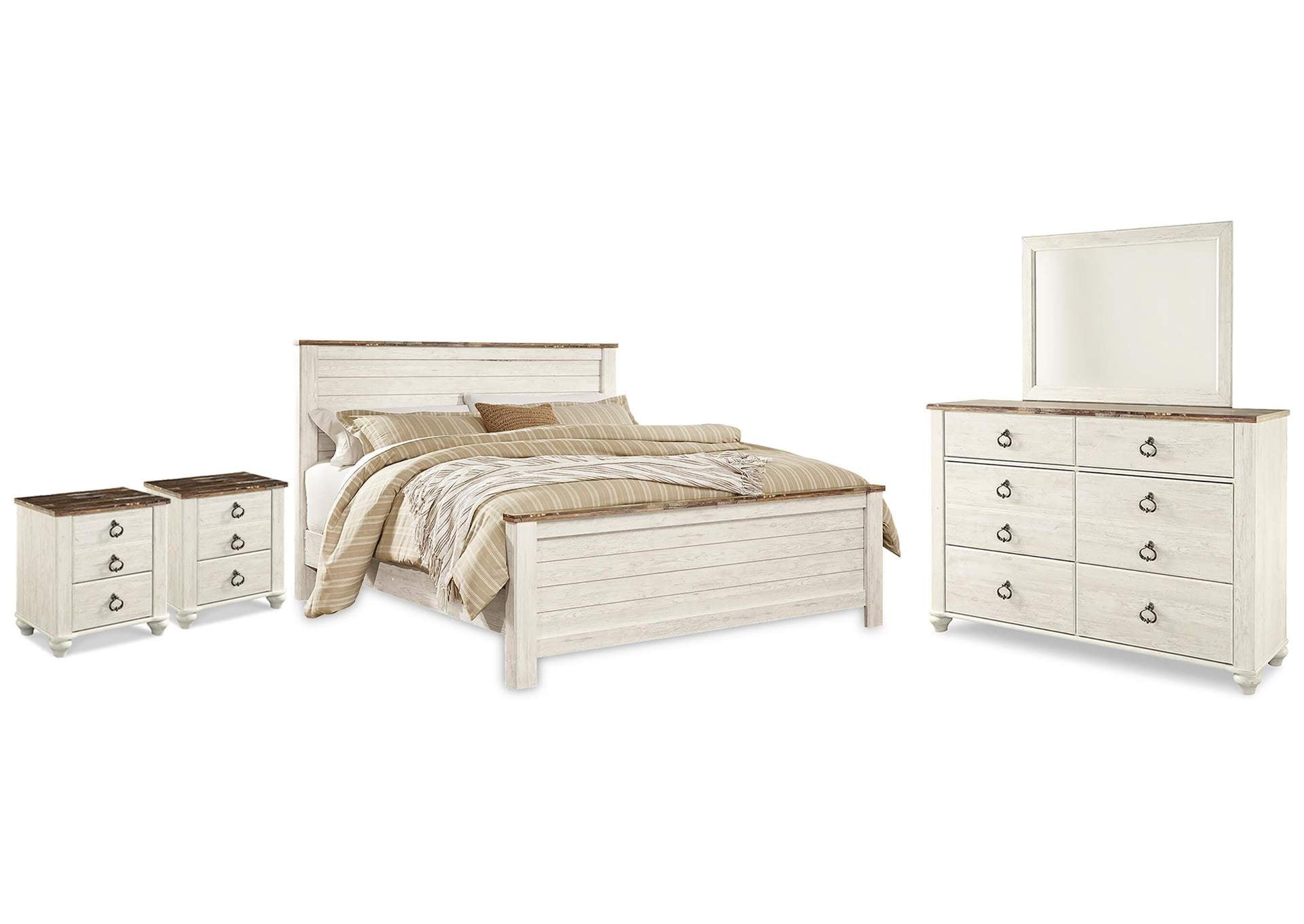Willowton King Panel Bed with Mirrored Dresser and 2 Nightstands