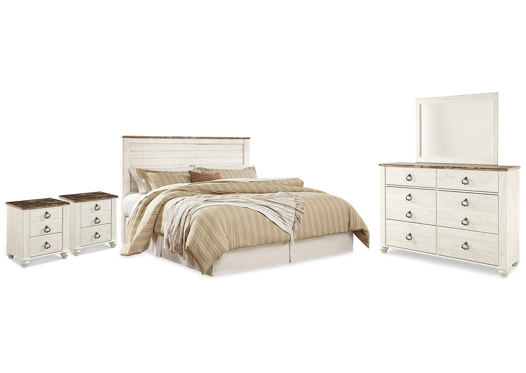 Willowton King/California King Panel Headboard Bed with Mirrored Dresser and 2 Nightstands