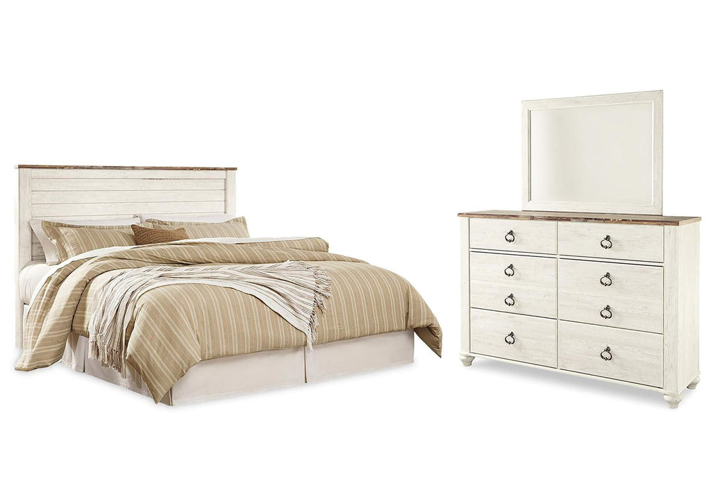 Willowton King/California King Panel Headboard Bed with Mirrored Dresser