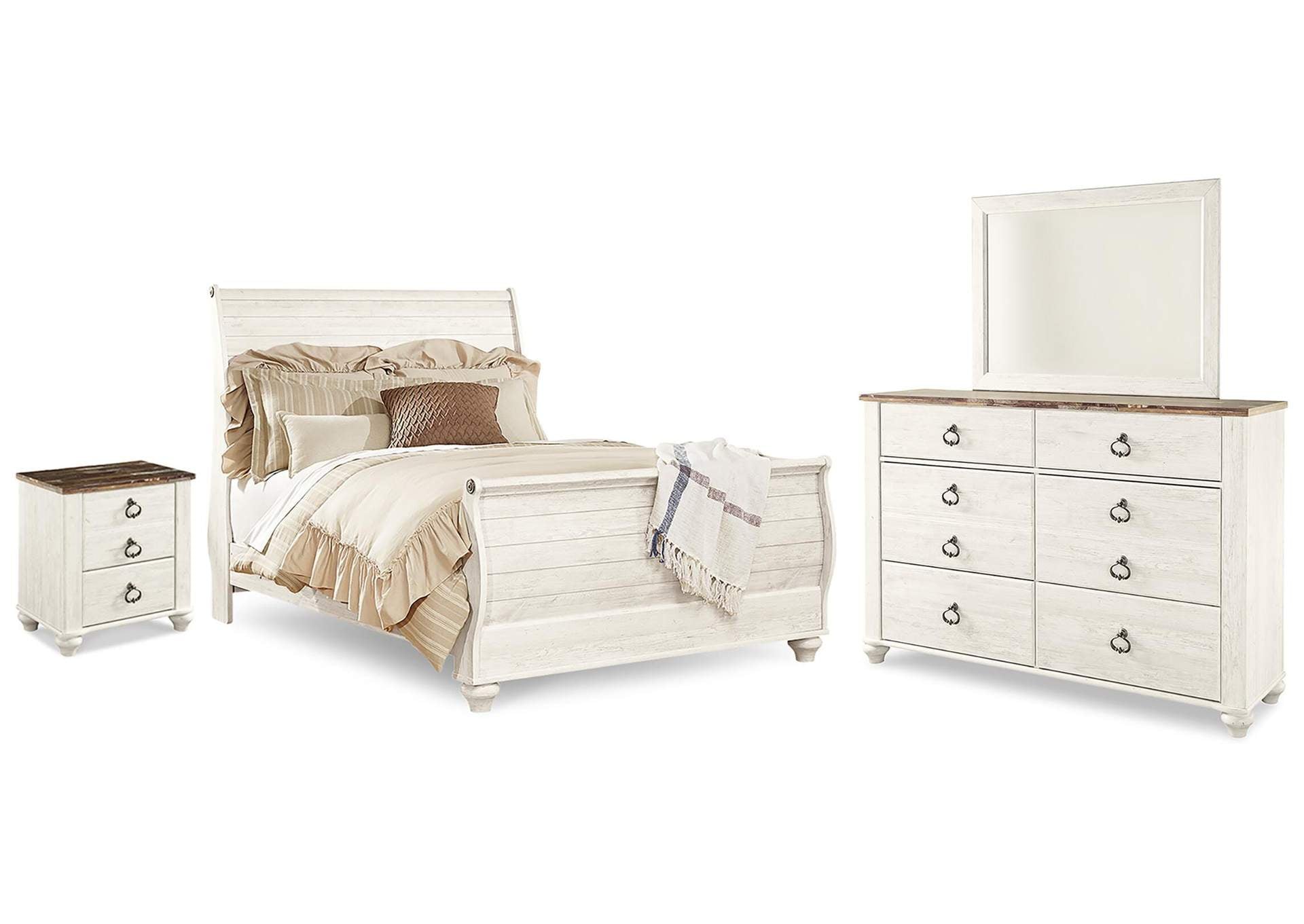 Willowton Queen Sleigh Bed with Mirrored Dresser and Nightstand