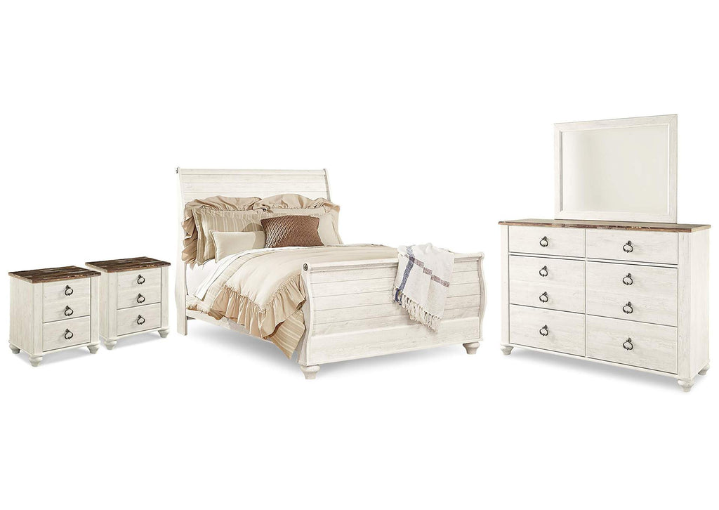 Willowton Queen Sleigh Bed with Mirrored Dresser and 2 Nightstands