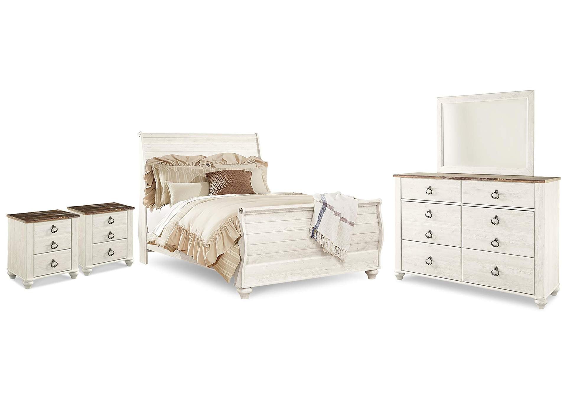 Willowton Queen Sleigh Bed with Mirrored Dresser and 2 Nightstands