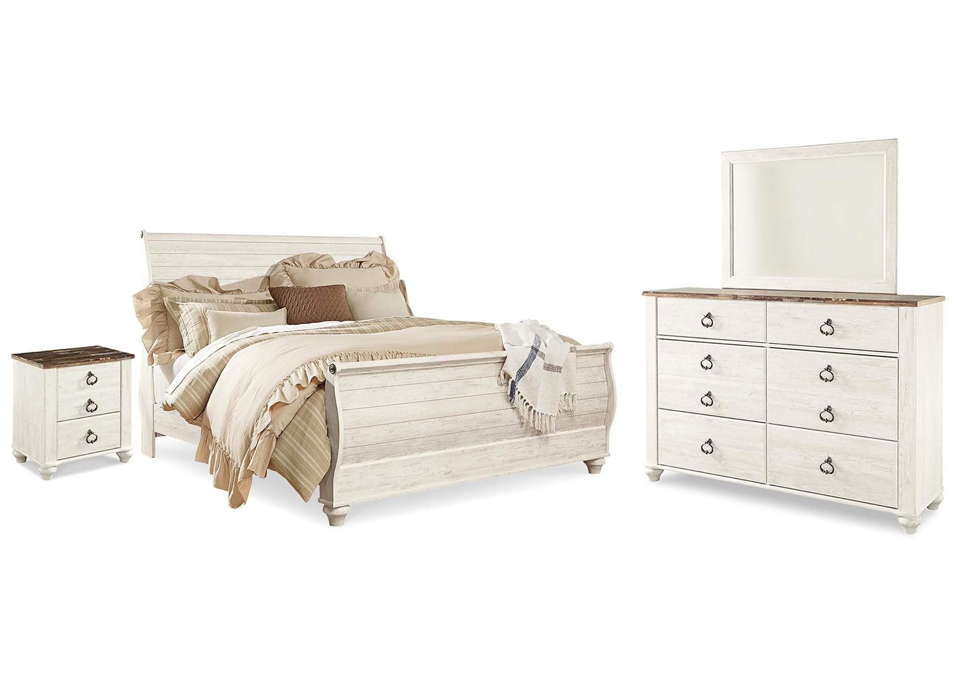 Willowton King Sleigh Bed with Mirrored Dresser and Nightstand