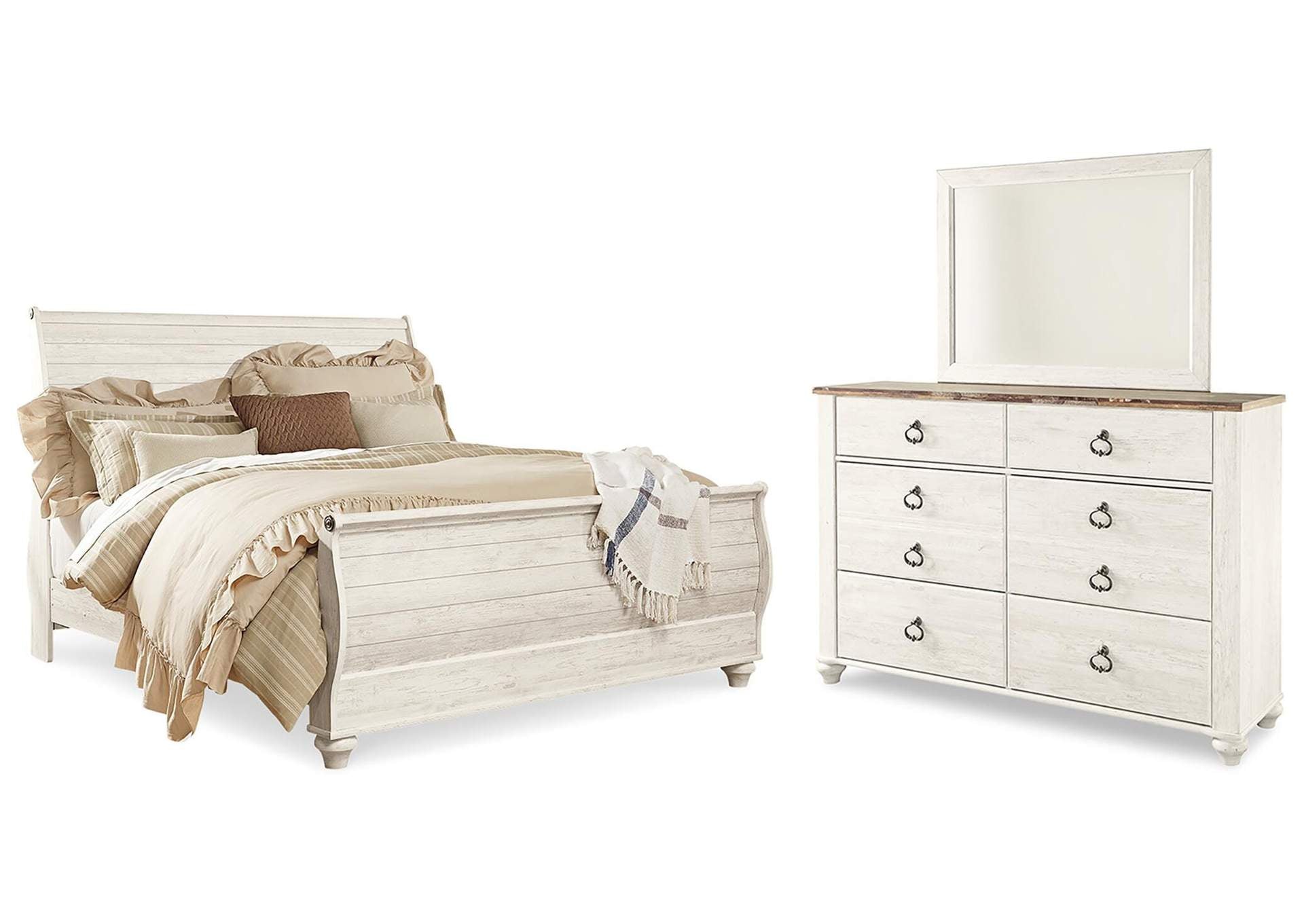 Willowton King Sleigh Bed with Mirrored Dresser