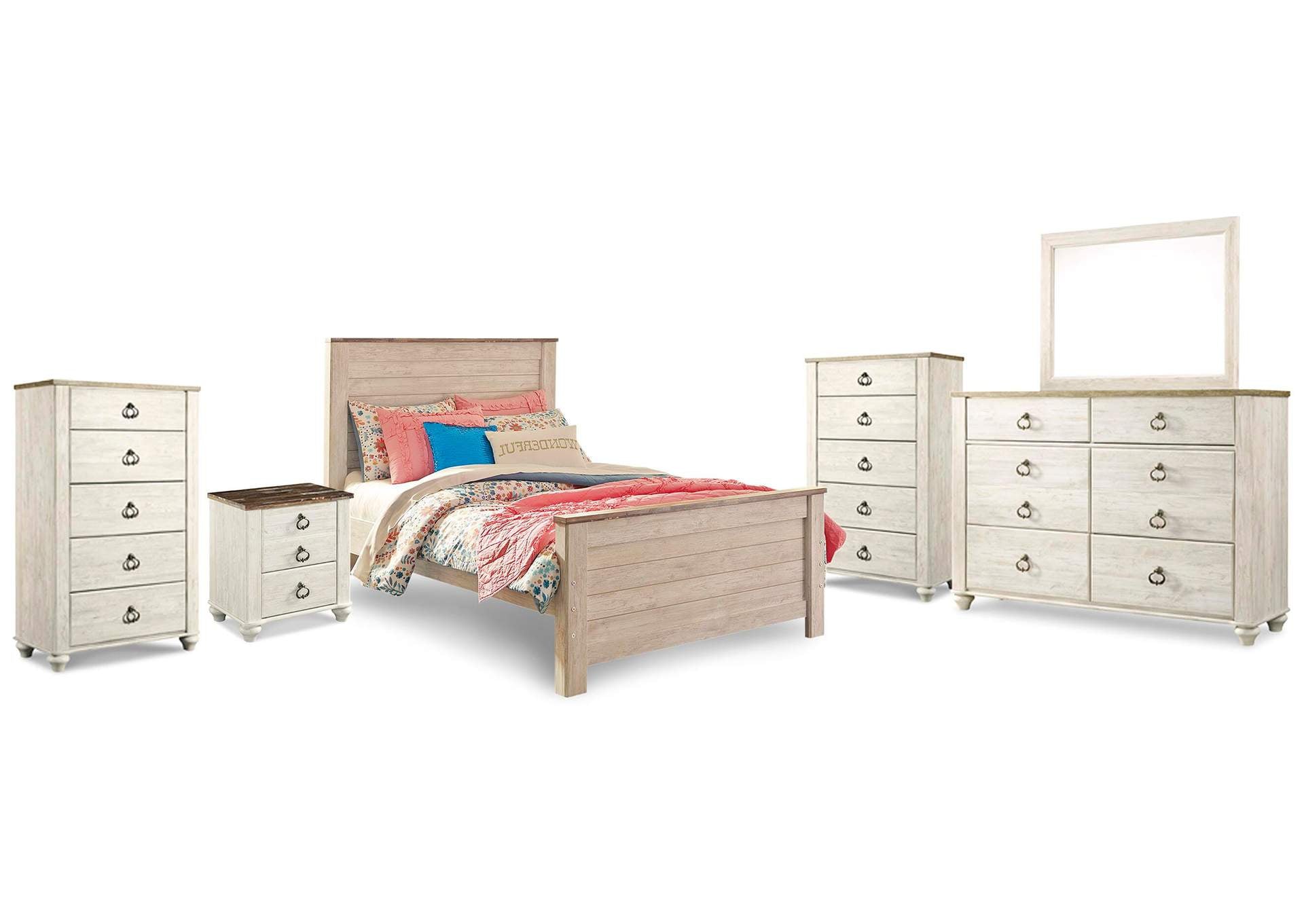 Willowton Full Panel Bed, Dresser, Mirror, 2 Chests and nightstand