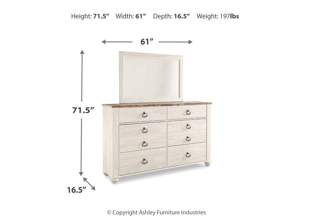 Willowton King Sleigh Bed with Mirrored Dresser and Nightstand dimensions