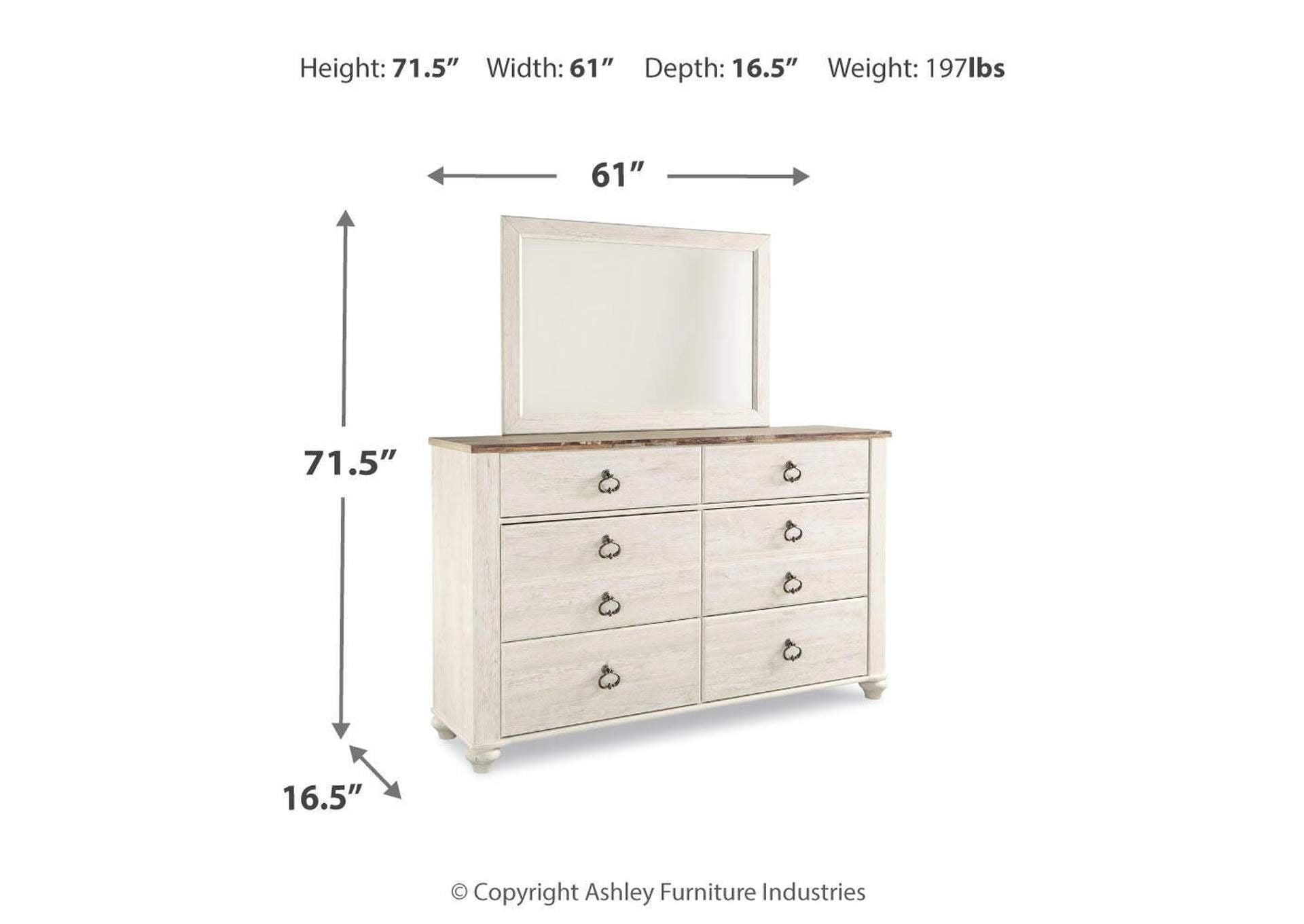 Willowton Full Panel Bed, Dresser, Mirror, 2 Chests and nightstand dimensions