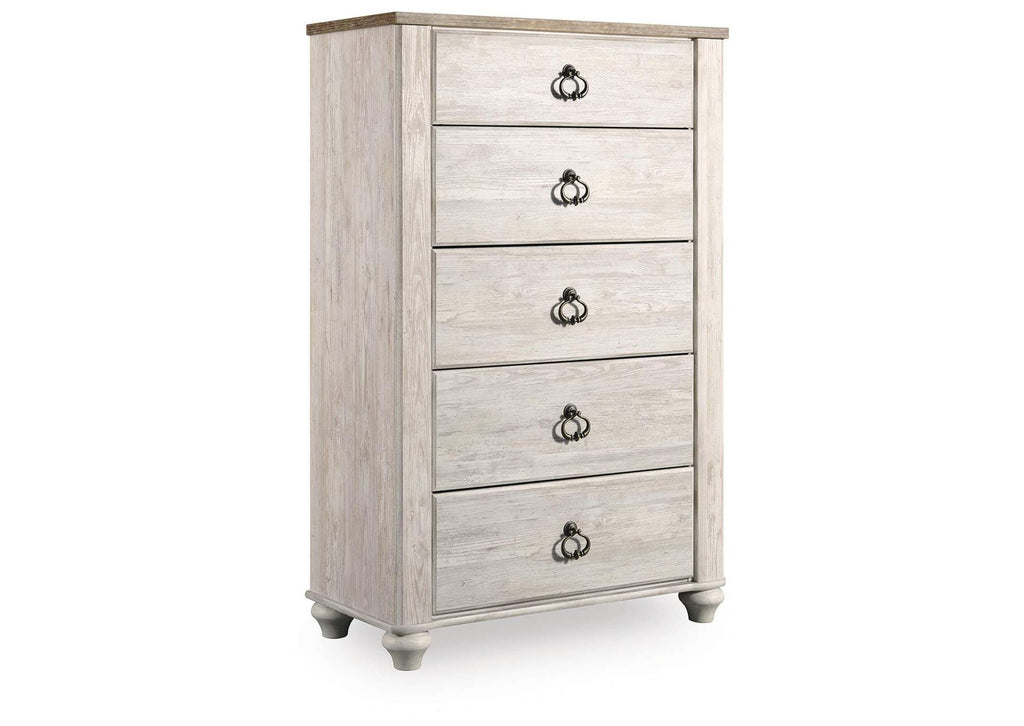 Willowton Full Panel Bed, Dresser, Mirror, 2 Chests and nightstand