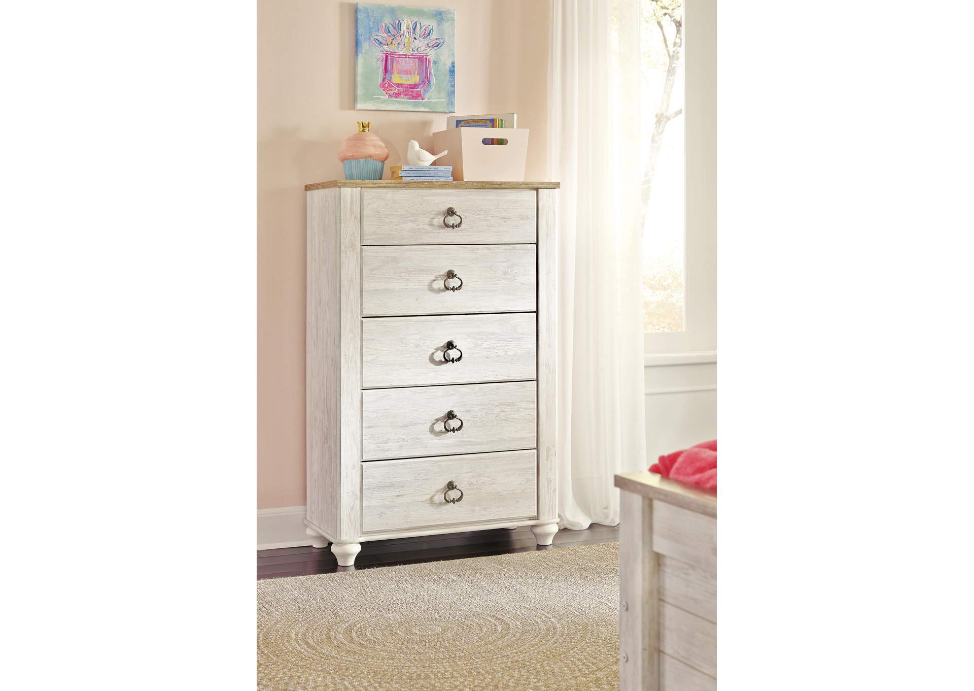 Willowton Twin Panel Headboard Bed with Mirrored Dresser, Chest and Nightstand