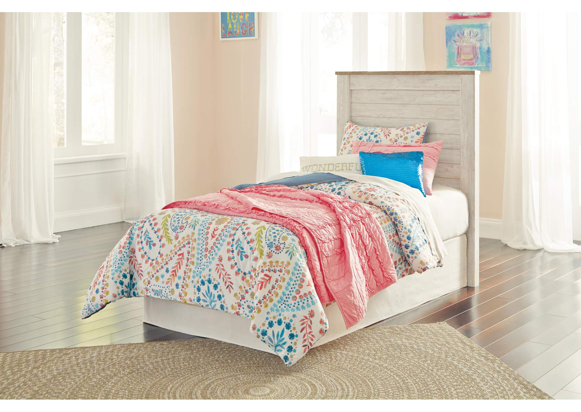 Willowton Twin Panel Headboard Bed with Mirrored Dresser, Chest and Nightstand