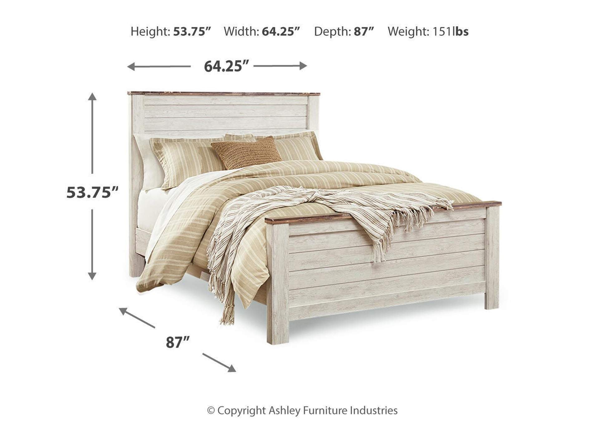Willowton Queen Panel Bed with Chime 10" Hybrid Mattress dimensions