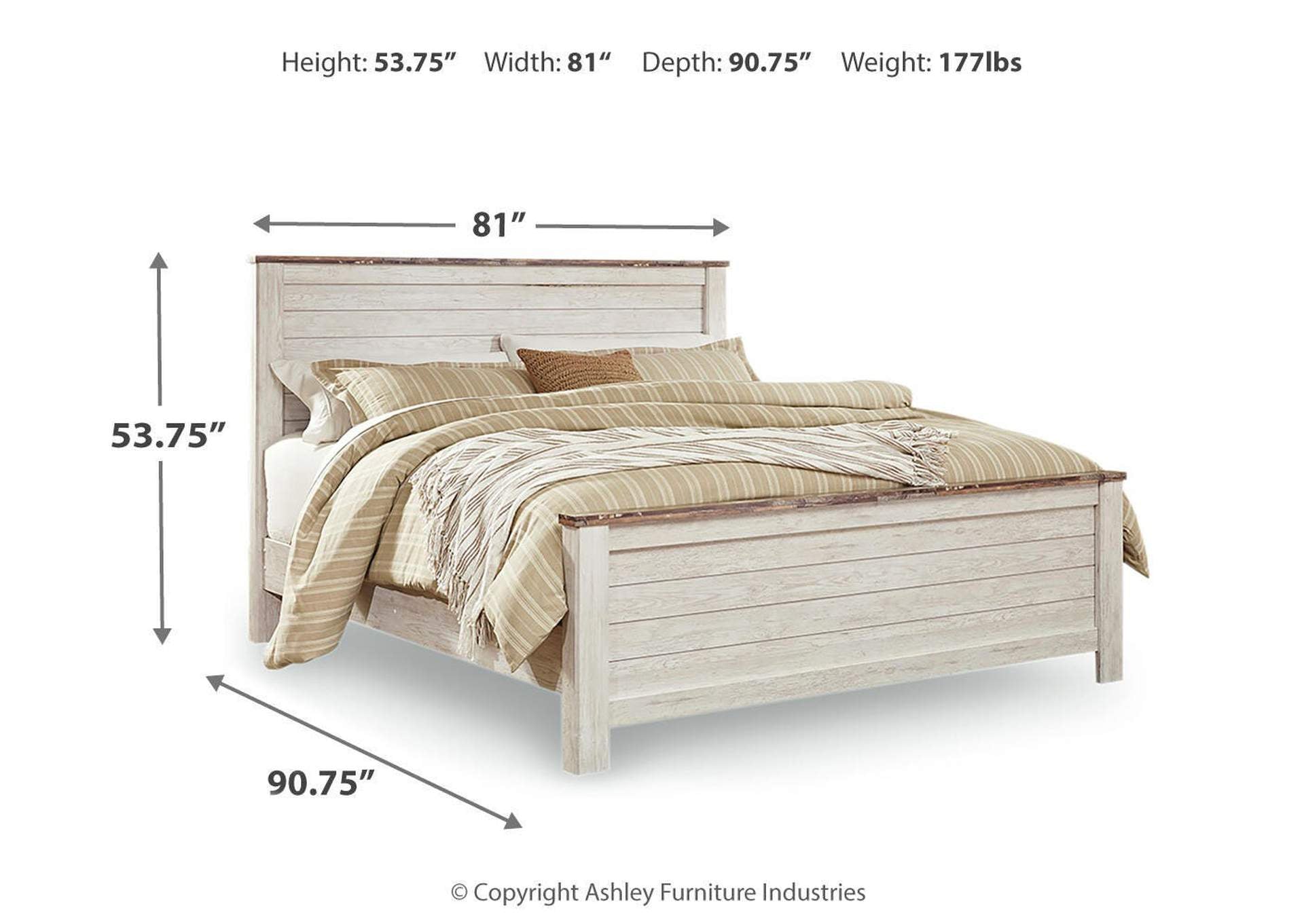 Willowton King Panel Bed with Mirrored Dresser and 2 Nightstands dimensions