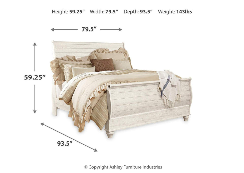 Willowton King Sleigh Bed, Dresser, Mirror and Chest dimensions
