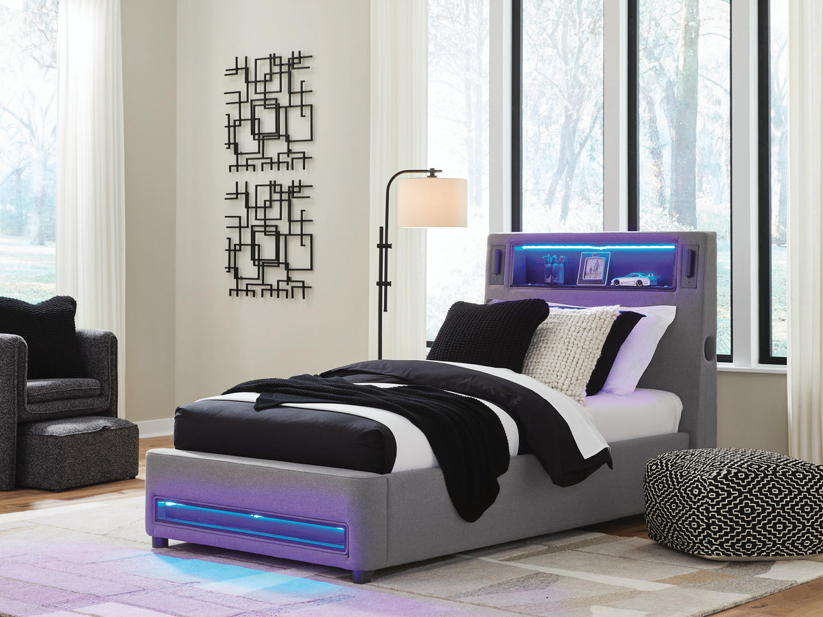 Finigale Twin Upholstered Bed with Wireless Audio in Gray, lifestyle view