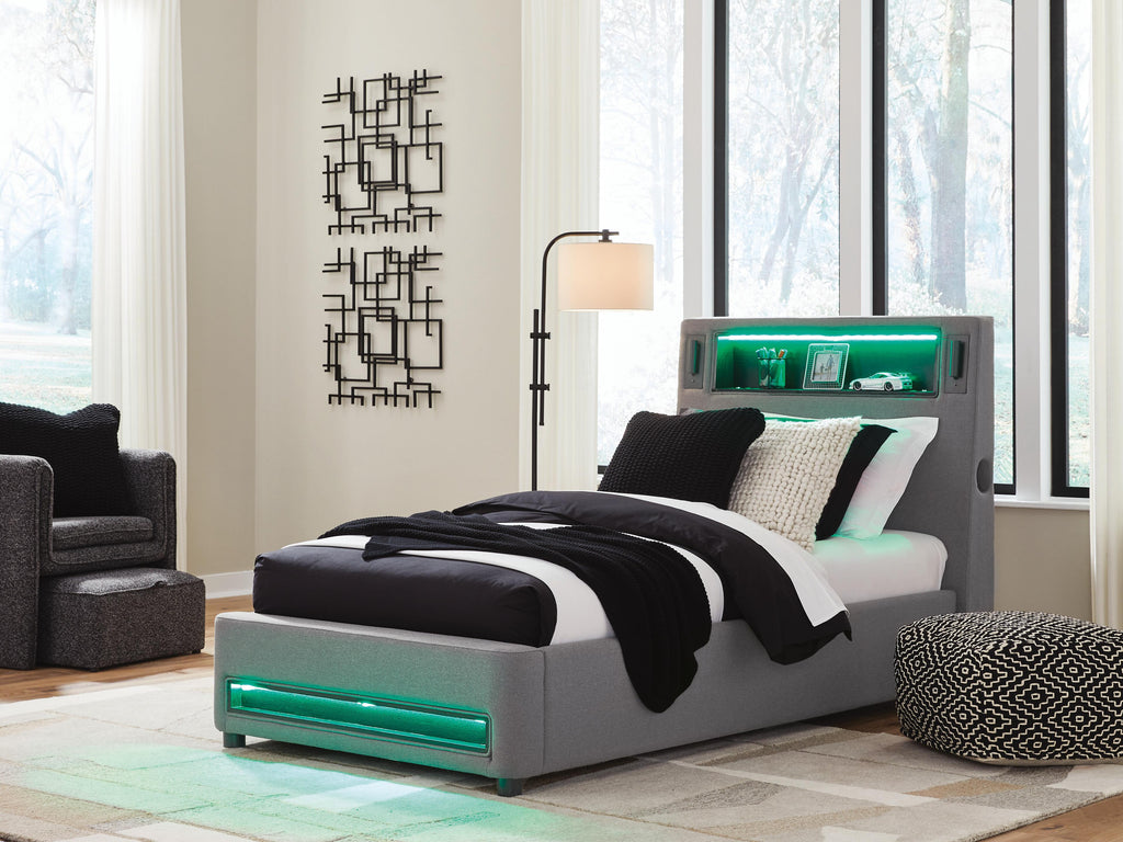 Finigale Twin Upholstered Bed with Wireless Audio in Gray, lifestyle view