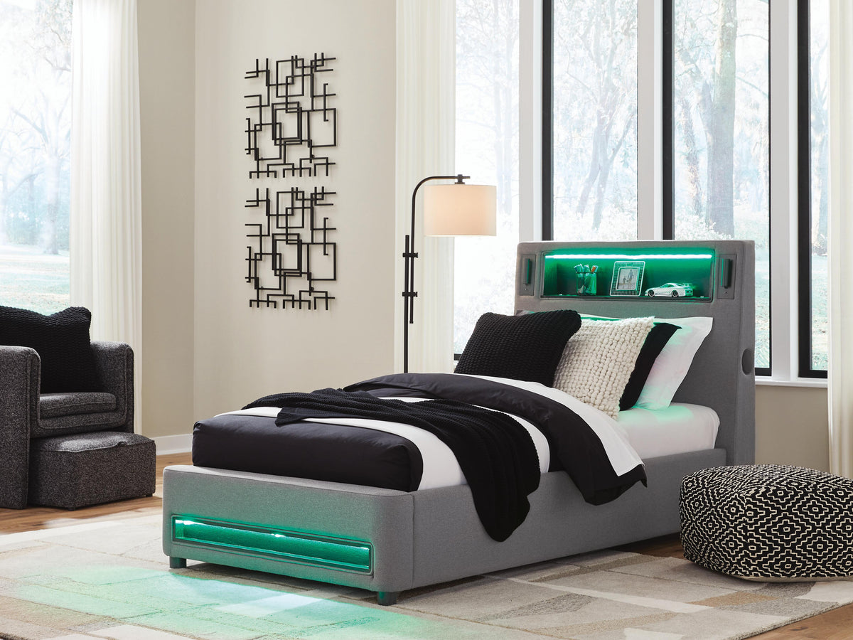 Finigale Twin Upholstered Bed with Wireless Audio in Gray, lifestyle view