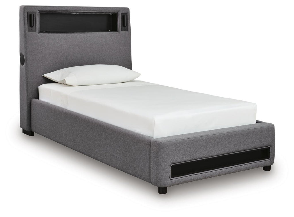 Finigale Twin Upholstered Bed with Wireless Audio in Gray, angle view