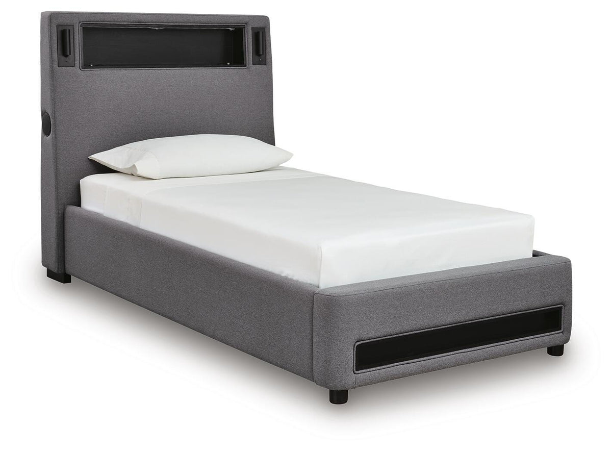 Finigale Twin Upholstered Bed with Wireless Audio in Gray, angle view