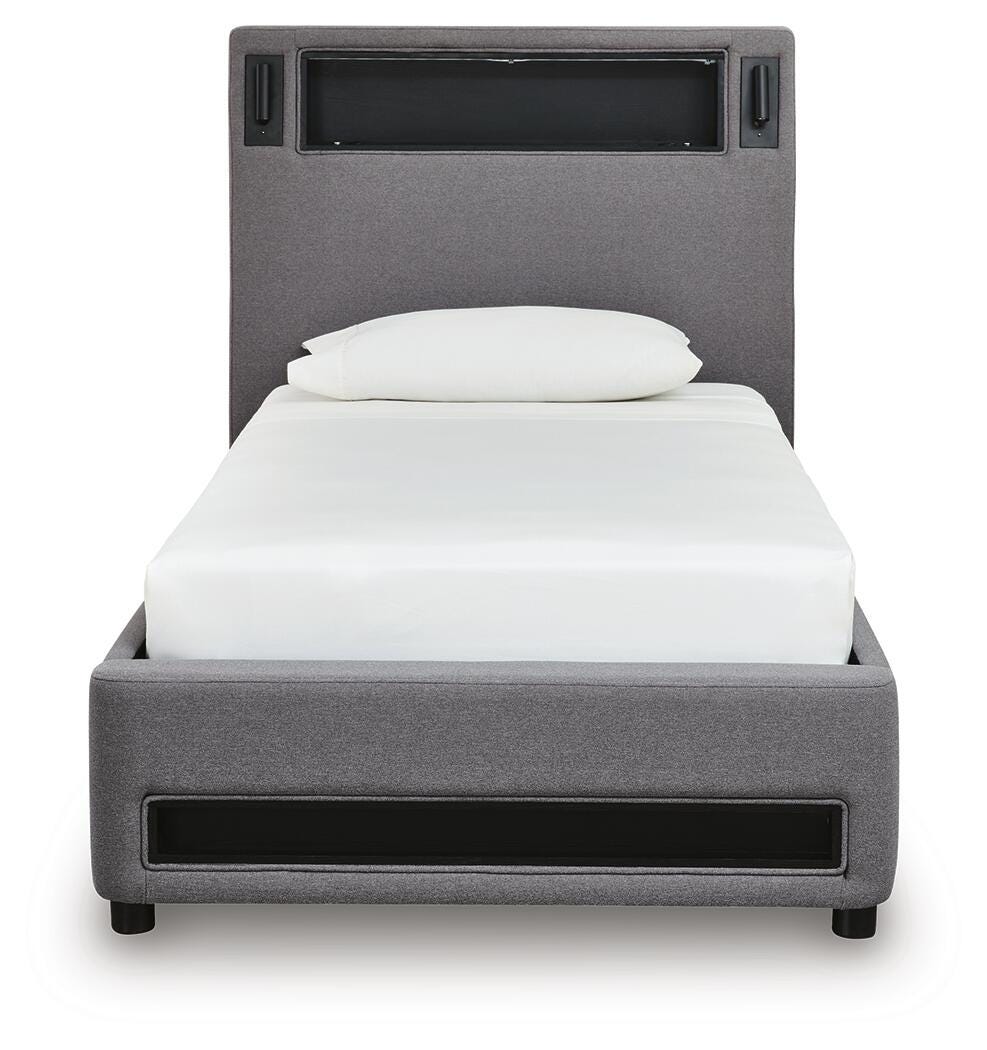 Finigale Twin Upholstered Bed with Wireless Audio in Gray, front view