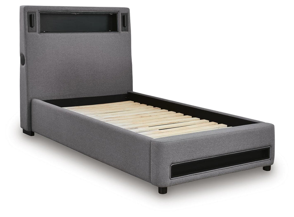 Finigale Twin Upholstered Bed with Wireless Audio in Gray, angle view