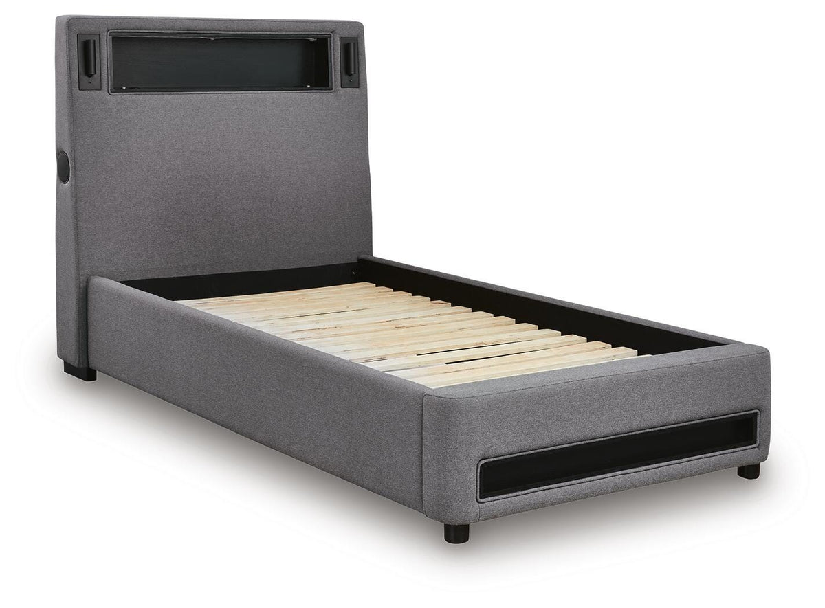 Finigale Twin Upholstered Bed with Wireless Audio in Gray, angle view