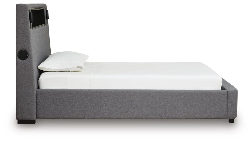 Finigale Twin Upholstered Bed with Wireless Audio in Gray, side view