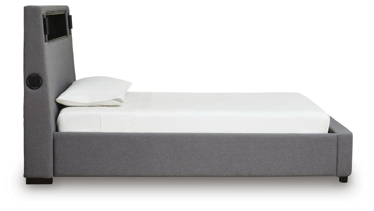 Finigale Twin Upholstered Bed with Wireless Audio in Gray, side view