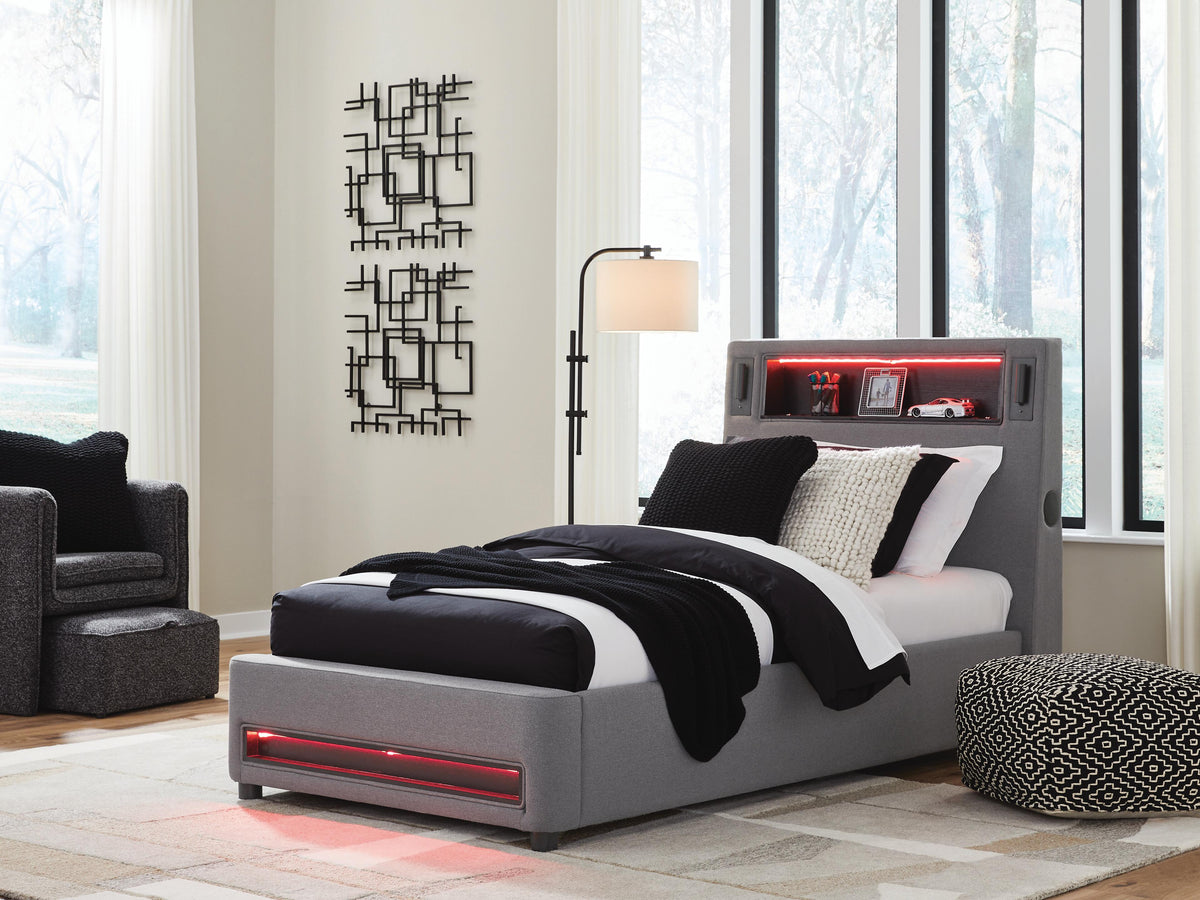 Finigale Twin Upholstered Bed with Wireless Audio in Gray, lifestyle view