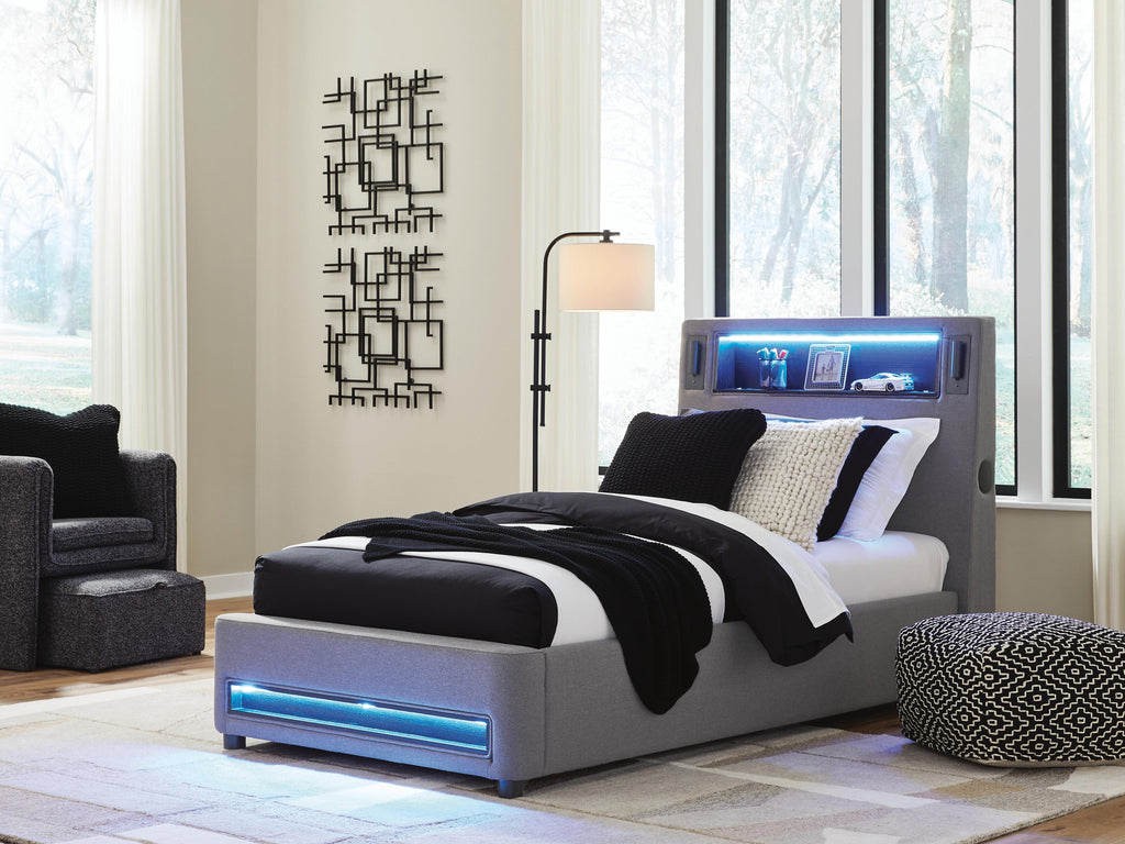 Finigale Twin Upholstered Bed with Wireless Audio in Gray, lifestyle view