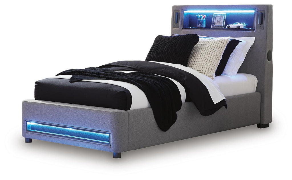 Finigale Twin Upholstered Bed with Wireless Audio in Gray, alternate view 6