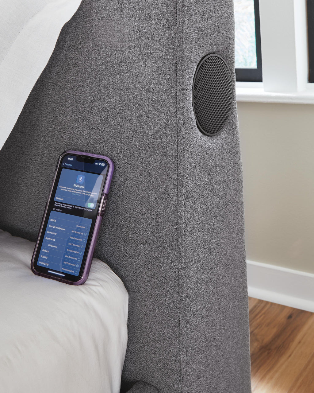 Finigale Twin Upholstered Bed with Wireless Audio in Gray, alternate view 11