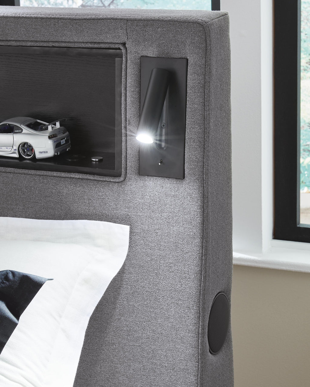 Finigale Twin Upholstered Bed with Wireless Audio in Gray, alternate view 13