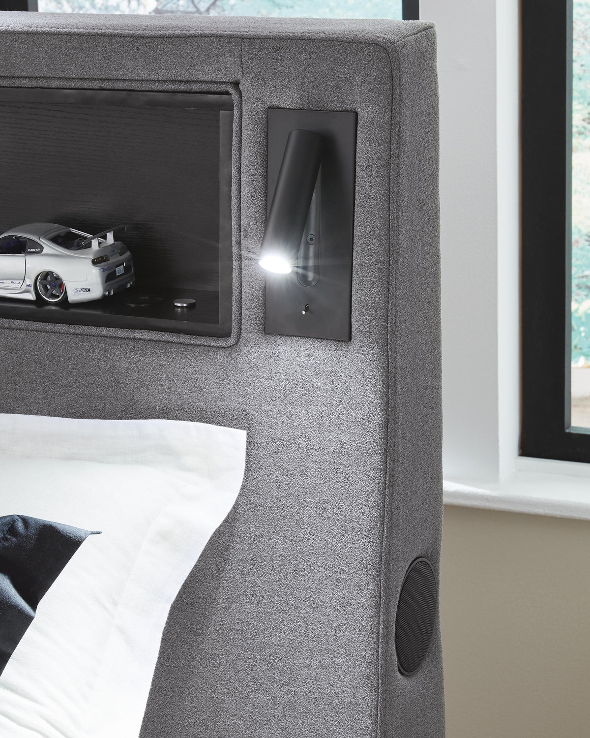 Finigale Twin Upholstered Bed with Wireless Audio in Gray, alternate view 13
