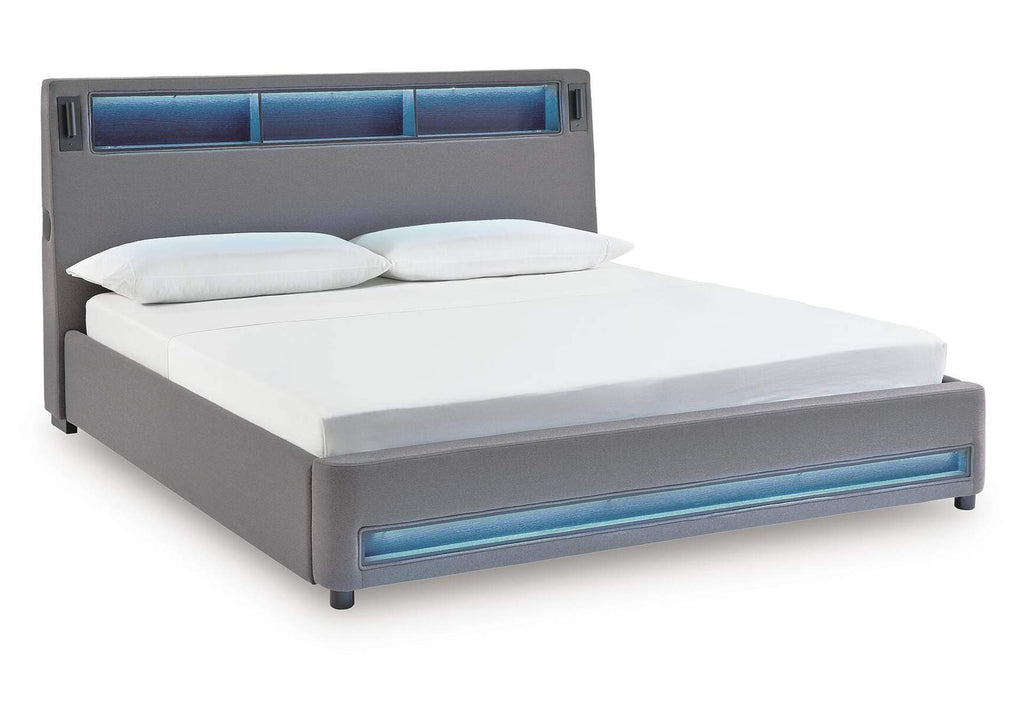 Verishaw King Upholstered Bed with Wireless Audio angled view