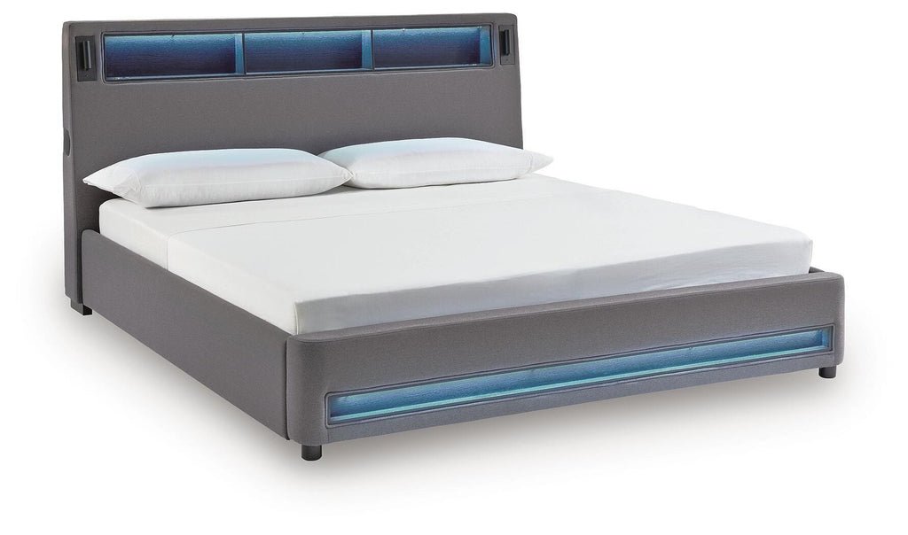 Finigale California King Upholstered Bed with Wireless Audio in Gray, angle view