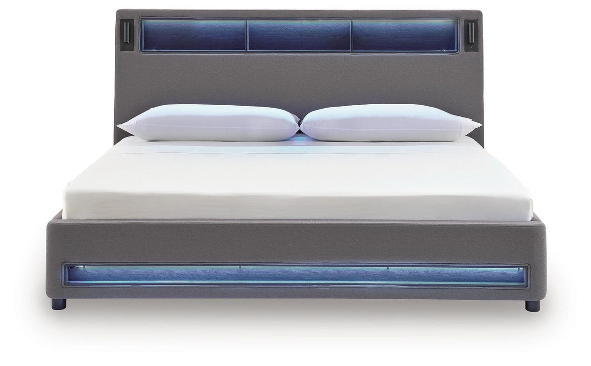 Finigale California King Upholstered Bed with Wireless Audio in Gray, front view