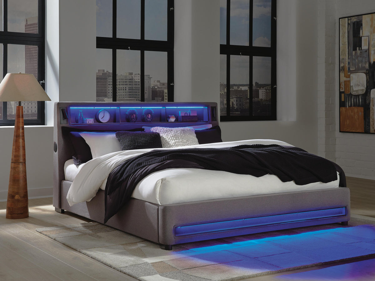 Finigale California King Upholstered Bed with Wireless Audio in Gray, lifestyle view