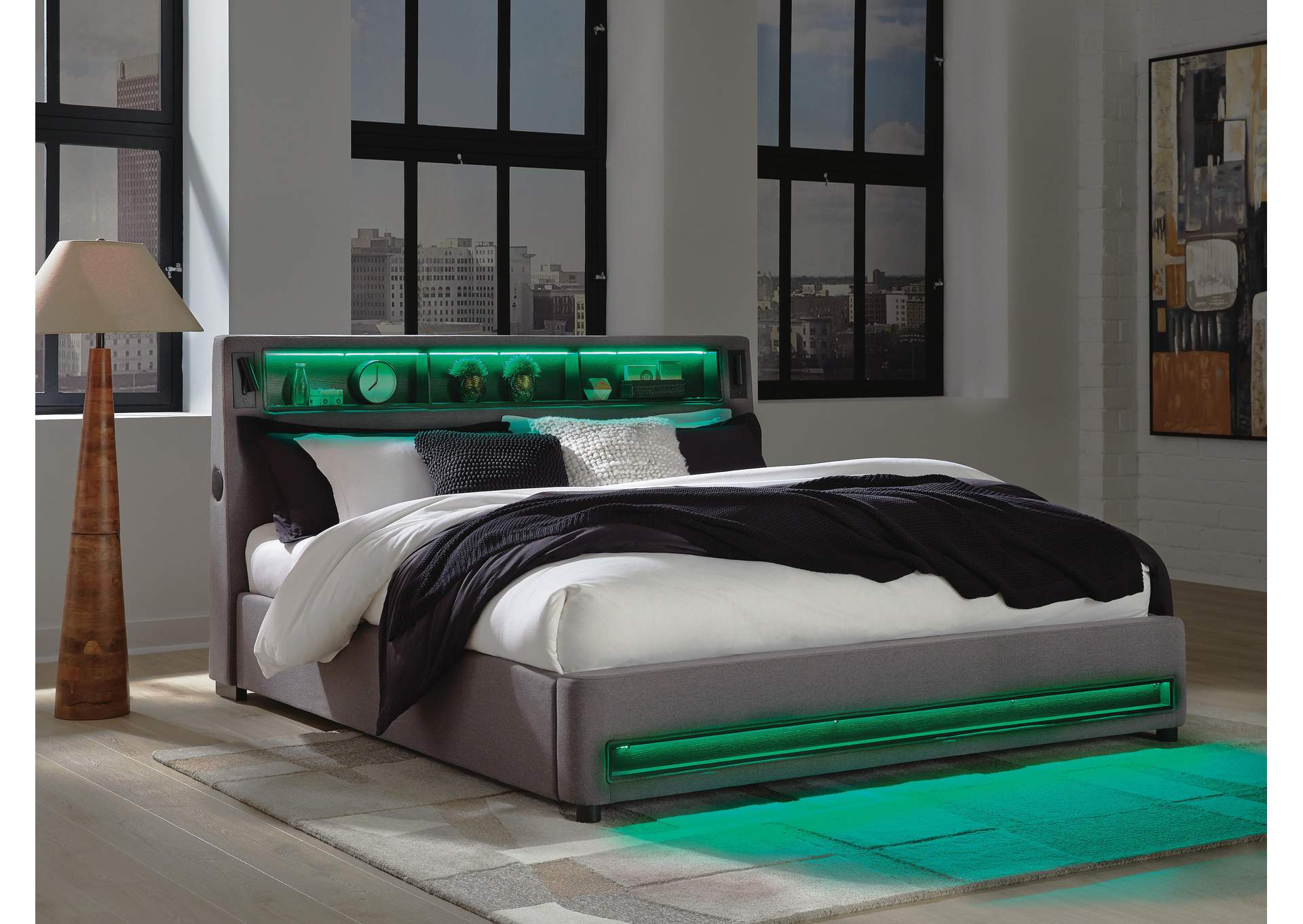 Verishaw King Upholstered Bed with Wireless Audio