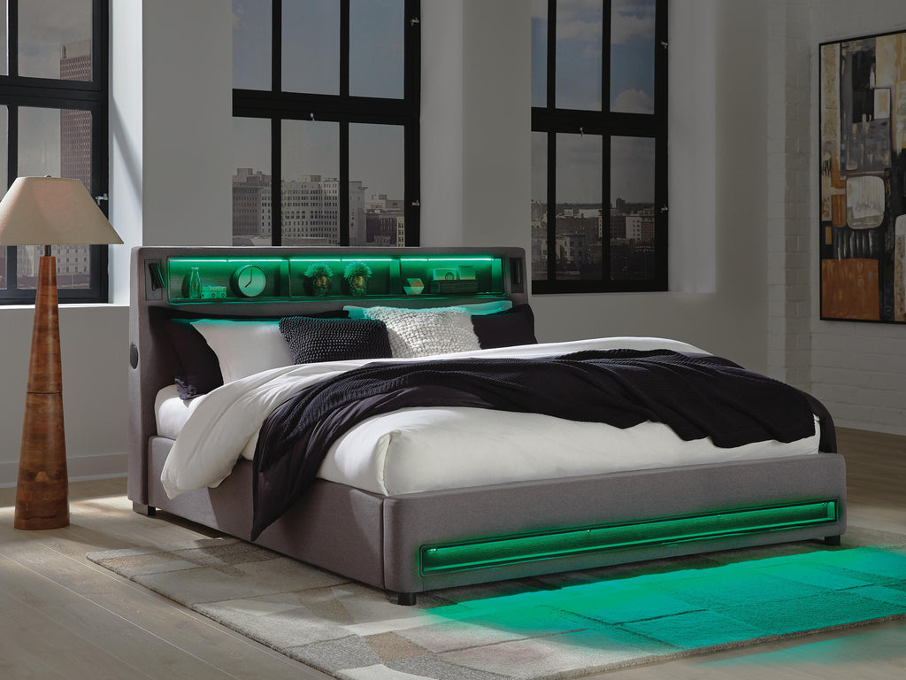 Finigale California King Upholstered Bed with Wireless Audio in Gray, lifestyle view