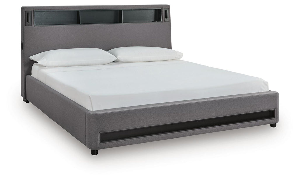 Finigale California King Upholstered Bed with Wireless Audio in Gray, angle view