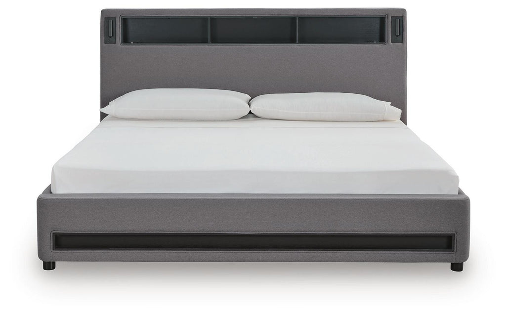 Finigale California King Upholstered Bed with Wireless Audio in Gray, front view