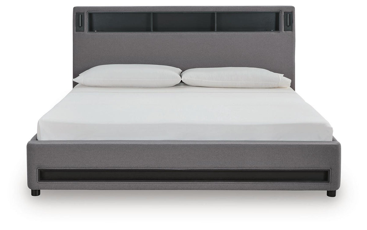 Finigale California King Upholstered Bed with Wireless Audio in Gray, front view