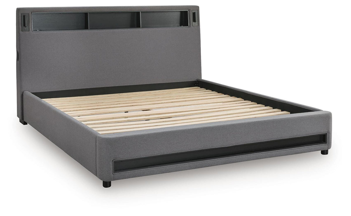 Finigale California King Upholstered Bed with Wireless Audio in Gray, angle view